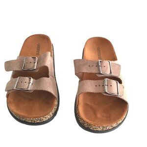 ANDREA - WOMENS TAN DOUBLE BUCKLE CLOSURE SLIP-ON SANDALS SIZE 9